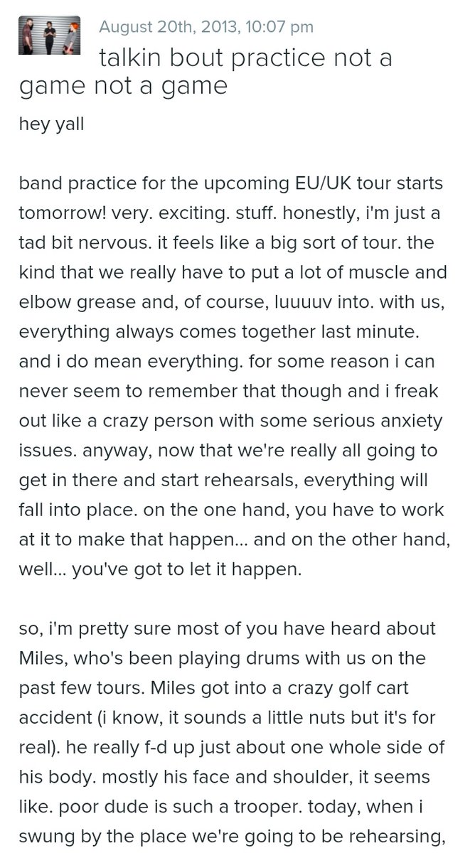 paramoreentries's tweet photo. AUGUST/20/2013

Hayley talks about Miles McPherson's (Paramore's drummer at the time) golf cart accident, the self-titled era EU/UK tour and growing pains; shares memory from childhood. https://t.co/7xzzxC2uAK
