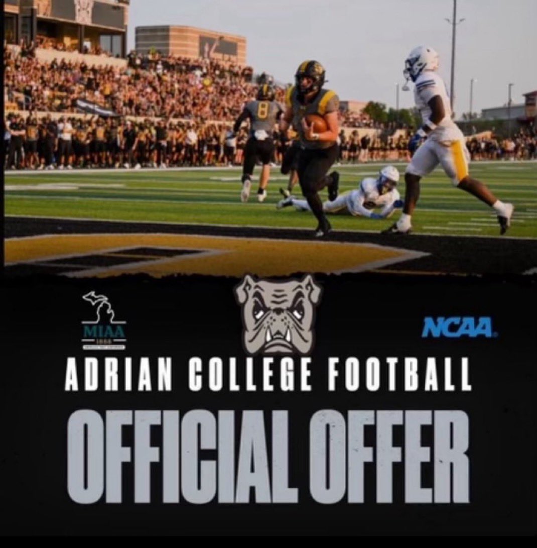 Ryan Moore ‘26 DB (@ryan_moore13) on Twitter photo #AGTG After a great camp at <a href="/AdrianCollegeFB/">Adrian College Football</a> and conversation with <a href="/Coach_Shiels/">Ron Shiels</a> I am beyond blessed to receive an offer from Adrian college football!! 💛🖤
<a href="/coachbieds/">Andrew Biedenbender</a> <a href="/CoachCarsonWR/">Nate Carson</a> <a href="/CoachKisner/">Chris Kisner</a> <a href="/AlexBakker88/">Alex Bakker</a>
<a href="/JebPalka/">Jeb Palka</a> #AGTG After a great camp at <a href="/AdrianCollegeFB/">Adrian College Football</a> and conversation with <a href="/Coach_Shiels/">Ron Shiels</a> I am beyond blessed to receive an offer from Adrian college football!! 💛🖤
<a href="/coachbieds/">Andrew Biedenbender</a> <a href="/CoachCarsonWR/">Nate Carson</a> <a href="/CoachKisner/">Chris Kisner</a> <a href="/AlexBakker88/">Alex Bakker</a>
<a href="/JebPalka/">Jeb Palka</a>