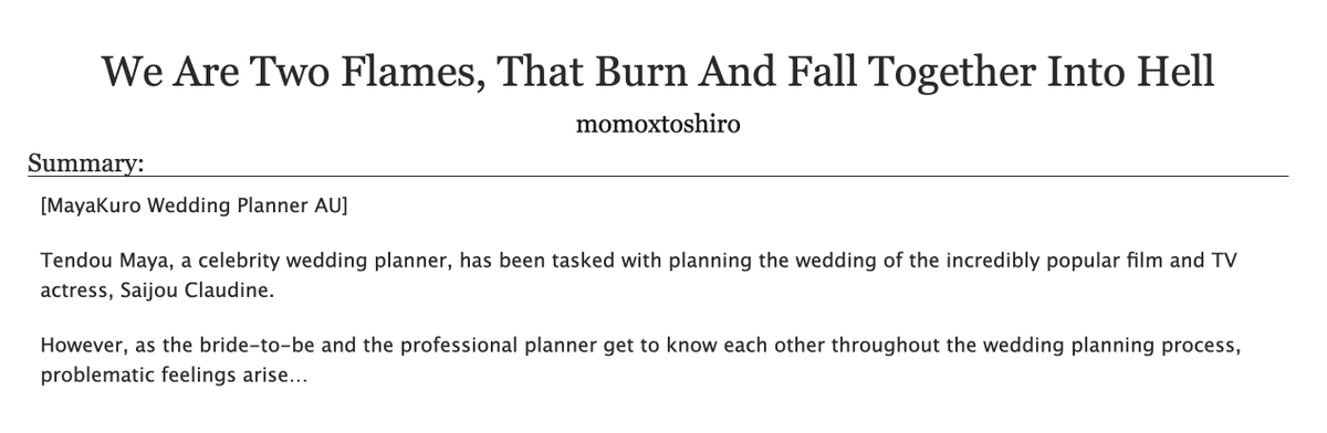 HanasakuShijin's tweet photo. Aaaand @0mniessence and I are back with another #Mayakuro AU for Mayakuro Monday! This time around we have Wedding Planner AU for you all! #真矢クロ

"We Are Two Flames, That Burn And Fall Together Into Hell"

Prologue &amp; Chapter 1
→https://t.co/Q2blO0SBtF https://t.co/1wswRsDC8N