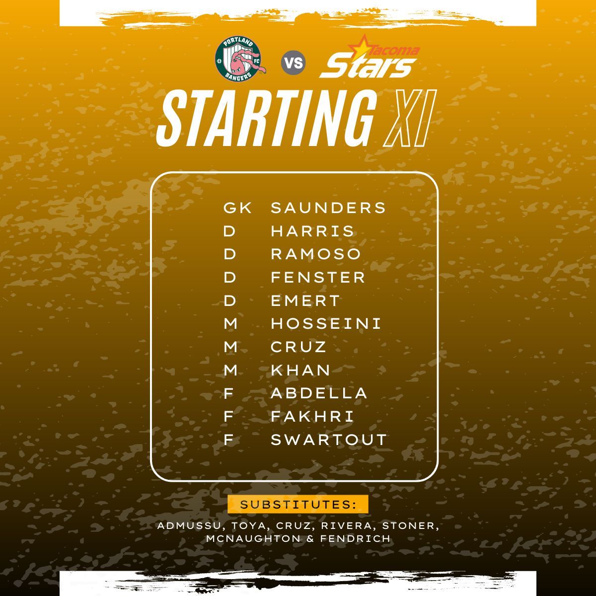 🆕 Your Tacoma Stars Starting XI for tonight USL2 match vs Portland Bangers.
📺 Catch all the action live on Sports Engine Play with kick off at 7pm.