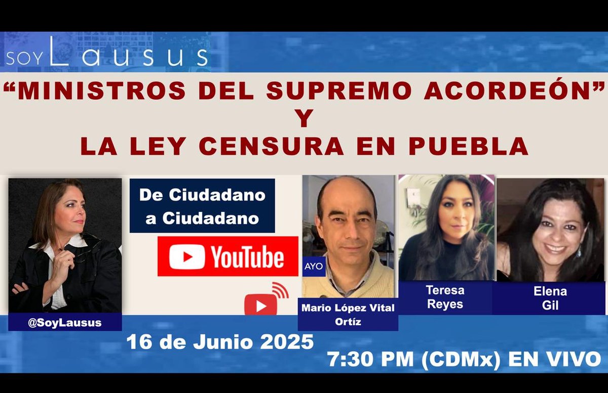 🔴HOY EN VIVO🔴

“Los Ministros del Supremo Acordeón” y la Ley Censura en Puebla.

Son los temas que en transmisión especial abordaremos hoy 16 de junio a las 7:30PM. Ayúdanos por favor a difundir y acompáñanos.

Gracias de antemano a todos por su invaluable e incondicional