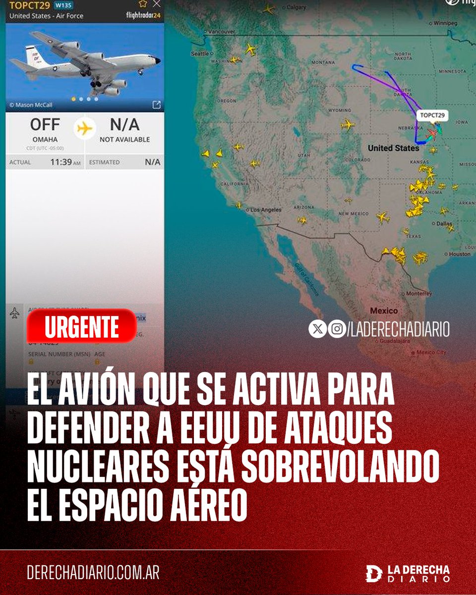 laderechadiario's tweet image. 🚨🇺🇸 | SE GIGA VIENE: Radares captaron un WC-135R Constant Phoenix despegando desde el Comando Estratégico de los Estados Unidos, y sobrevolando el país.
Este tipo de aviones se utiliza para detectar detonaciones nucleares y rastrear la lluvia radiactiva en la atmósfera, y es…