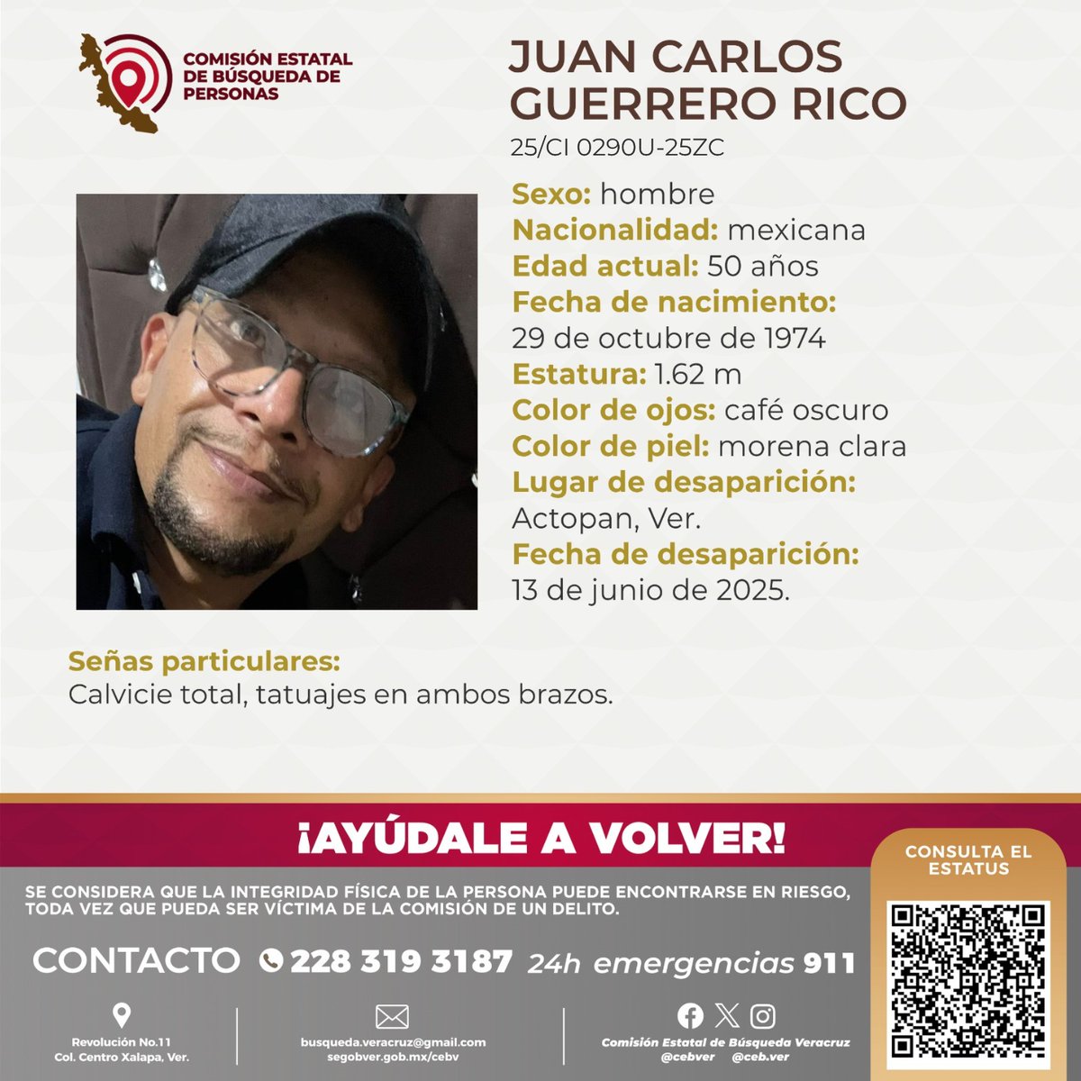 cebver's tweet photo. Solicitamos su colaboración para localizar al C. Juan Carlos Guerrero Rico, cualquier información contactar al numero y/o correo que aparecen al margen de este boletín.
#Actopan #LaAntigua #Veracruz https://t.co/icbplWRI3y