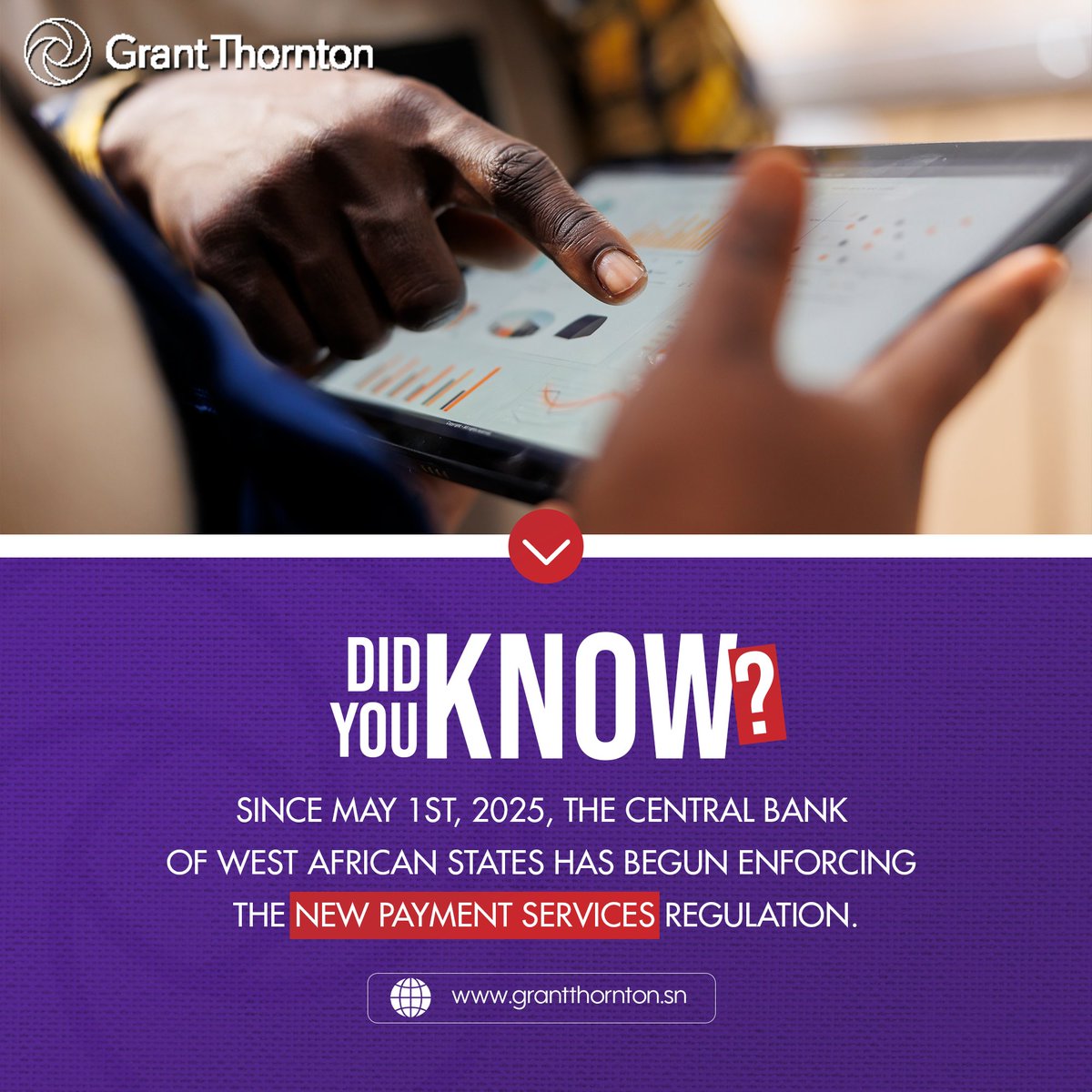 GT_Senegal's tweet photo. 🇸🇳 Growth of FinTech in Francophone West Africa with our newly FinTech Advisory practice.
👉📩 Chat with our FinTech expert, Draman TRAORE, at dramane.traore@sn.gt.com
#FinTech #DigitalFinance #FinancialServices #FrancophoneAfrica #WestAfrica #GrantThornton #Sénégal #Kebetu https://t.co/t2SGpJ0fD9