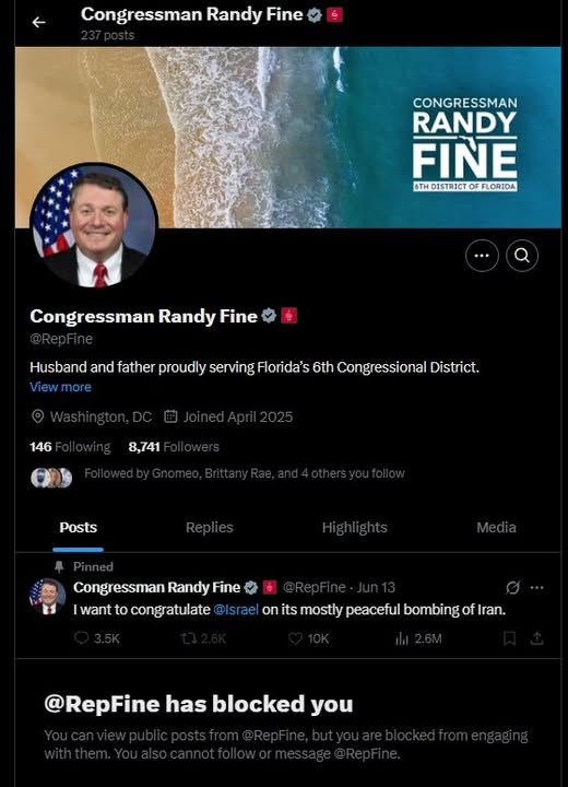 Matt (@amattattack) on Twitter photo Congressman <a href="/RepFine/">Congressman Randy Fine</a> blocked me for sharing a photo of him. I don't believe that's legal bud. Congressman <a href="/RepFine/">Congressman Randy Fine</a> blocked me for sharing a photo of him. I don't believe that's legal bud.