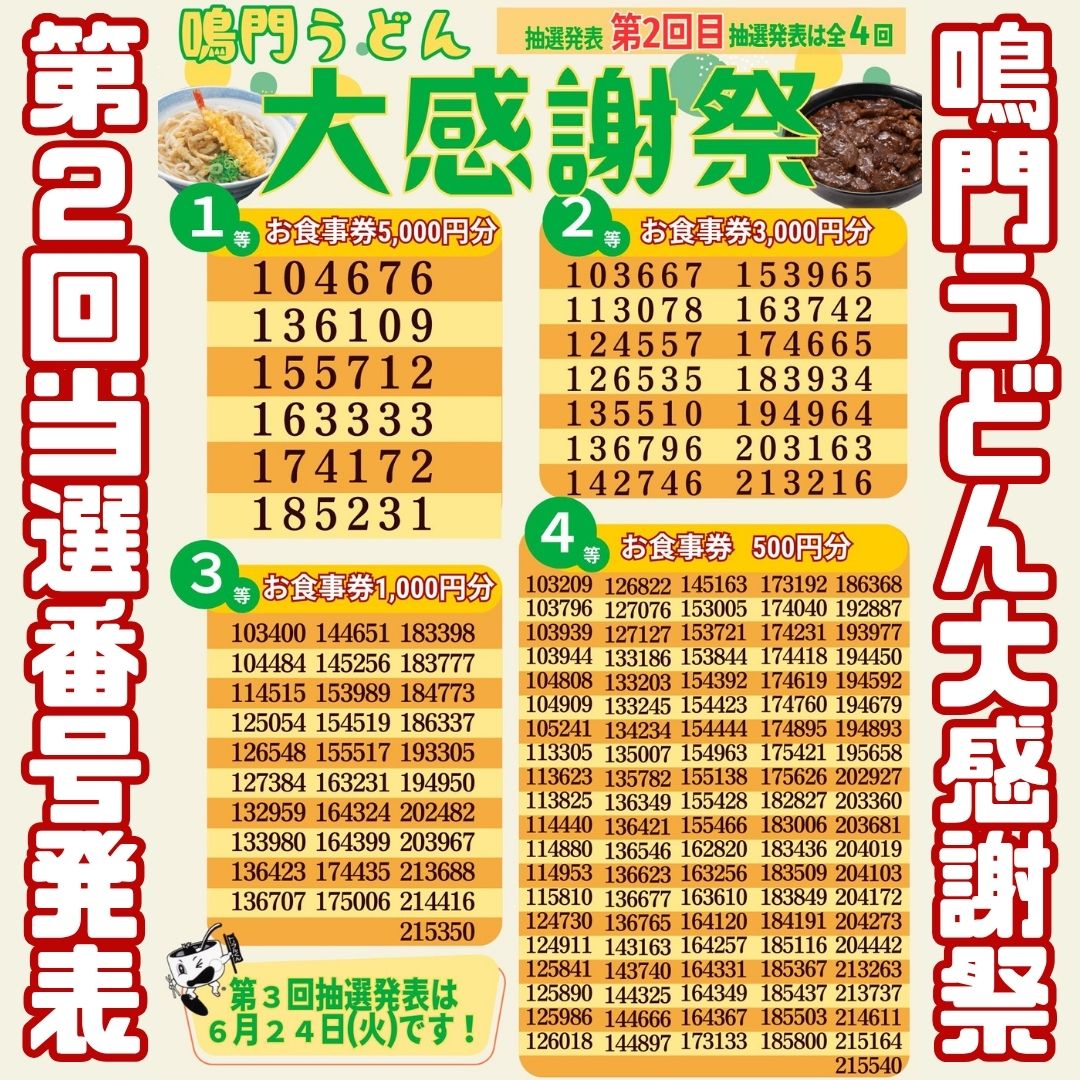 鳴門うどん大感謝祭🎉🎊 第2回当選番号発表👏👏👏 当選番号はこちら