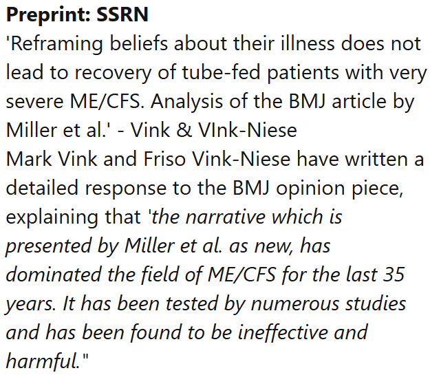 Tom Kindlon (@tomkindlon) on Twitter photo 'Reframing beliefs about their illness does not lead to recovery of tube-fed patients with very severe ME/CFS. Analysis of the BMJ article by Miller et al.' by <a href="/Huisarts_Vink/">Mark Vink, MD</a>
papers.ssrn.com/sol3/papers.cf…
Image is from the latest Science for ME weekly update
#MEcfs #CFS 'Reframing beliefs about their illness does not lead to recovery of tube-fed patients with very severe ME/CFS. Analysis of the BMJ article by Miller et al.' by <a href="/Huisarts_Vink/">Mark Vink, MD</a>
papers.ssrn.com/sol3/papers.cf…
Image is from the latest Science for ME weekly update
#MEcfs #CFS