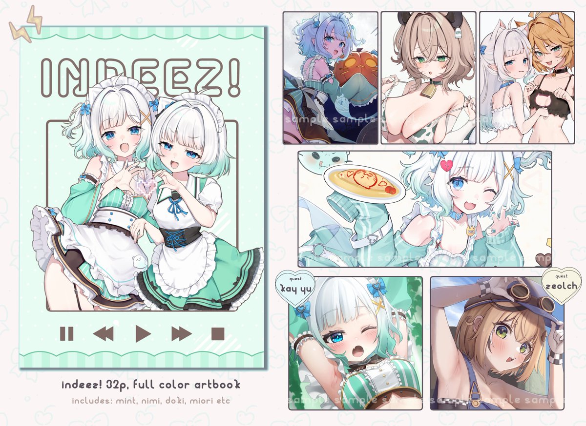 Introducing my first indie artbook, INDEEZ!✨
- mostly Mint Fantome art (+ Nimi + Doki + some Miori art)
- featuring two wonderful guests... 😘
- debuting at offkai2025 🔜 BOOTH1