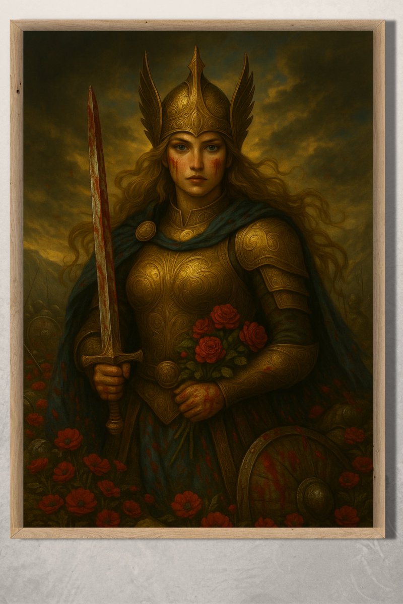 DuvaraAs's tweet photo. ⚔️🩸 Freya: Aşkın ve Savaşın Tanrıçası
Hem sevginin hem ölümün temsilcisi.

🌹 Altın zırhlar içinde, savaşın ortasında açan çiçekler kadar büyüleyici.
🖼️ 40x60 ahşap çerçeveli, yüksek kaliteli baskı
📩 DM yoluyla sipariş verebilirsiniz

#freya #vikingmythology #nordicgoddess https://t.co/HR7Yc41JyG