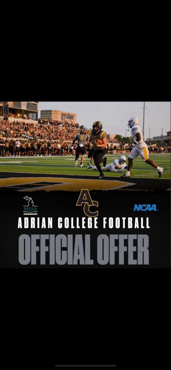 Nasyre Walker (@nasyre666) on Twitter photo #AGTG Blessed to receive my first offer from <a href="/AdrianCollegeFB/">Adrian College Football</a> ! Thanks @coach_shiels for see the potential in me.
Thanks to all my coaches, teammates, and family for supporting me on this journey . Excited for what's ahead!
#GoBulldogs #AdrianCollege <a href="/LegacyWestMI/">Legacy West</a> #AGTG Blessed to receive my first offer from <a href="/AdrianCollegeFB/">Adrian College Football</a> ! Thanks @coach_shiels for see the potential in me.
Thanks to all my coaches, teammates, and family for supporting me on this journey . Excited for what's ahead!
#GoBulldogs #AdrianCollege <a href="/LegacyWestMI/">Legacy West</a>