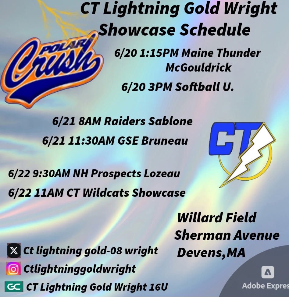 Isabella McCulloch - UNCOMMITTED (@isabellarosesb) on Twitter photo This weekend I play in the Polar Crush Showcase in Devens, MA. Below is my schedule for the showcase. Iβm super excited to get back out there with <a href="/CTLightning08G/">CT Lightning Gold 08- Wright</a> π₯
<a href="/Tweedertdd/">Chris Martin</a> <a href="/Wrightwaytrain5/">Wrightway Training</a> This weekend I play in the Polar Crush Showcase in Devens, MA. Below is my schedule for the showcase. Iβm super excited to get back out there with <a href="/CTLightning08G/">CT Lightning Gold 08- Wright</a> π₯
<a href="/Tweedertdd/">Chris Martin</a> <a href="/Wrightwaytrain5/">Wrightway Training</a>
