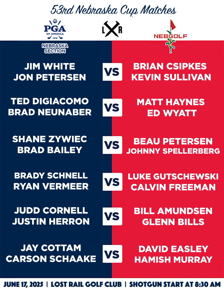 The 53rd Nebraska Cup Matches tee off tomorrow at <a href="/LostRailGolf/">Lost Rail Golf Club</a>! 🏆 

NEPGA 🆚 <a href="/NGAgolf/">NebGolf</a> 

Round 1 Four-Ball matches will tee off at 8:30am. 

Our Nebraska PGA Professionals will look to retain the cup for the third straight year!