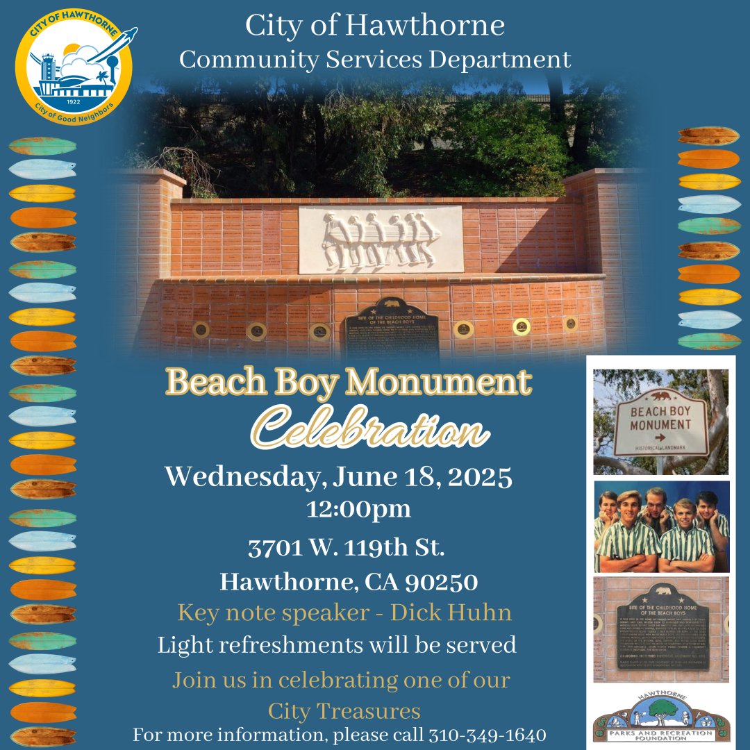 hawthorneCAL's tweet image. Join us on Wednesday, June 18th for a re-unveiling of the Beach Boys Monument!
3701 W. 119th St.
Hawthorne, 90250
Event will begin at 12pm. Light refreshments will be served. Join is in celebrating one of our City's most treasured landmark!
For more info. call (310) 349-1640