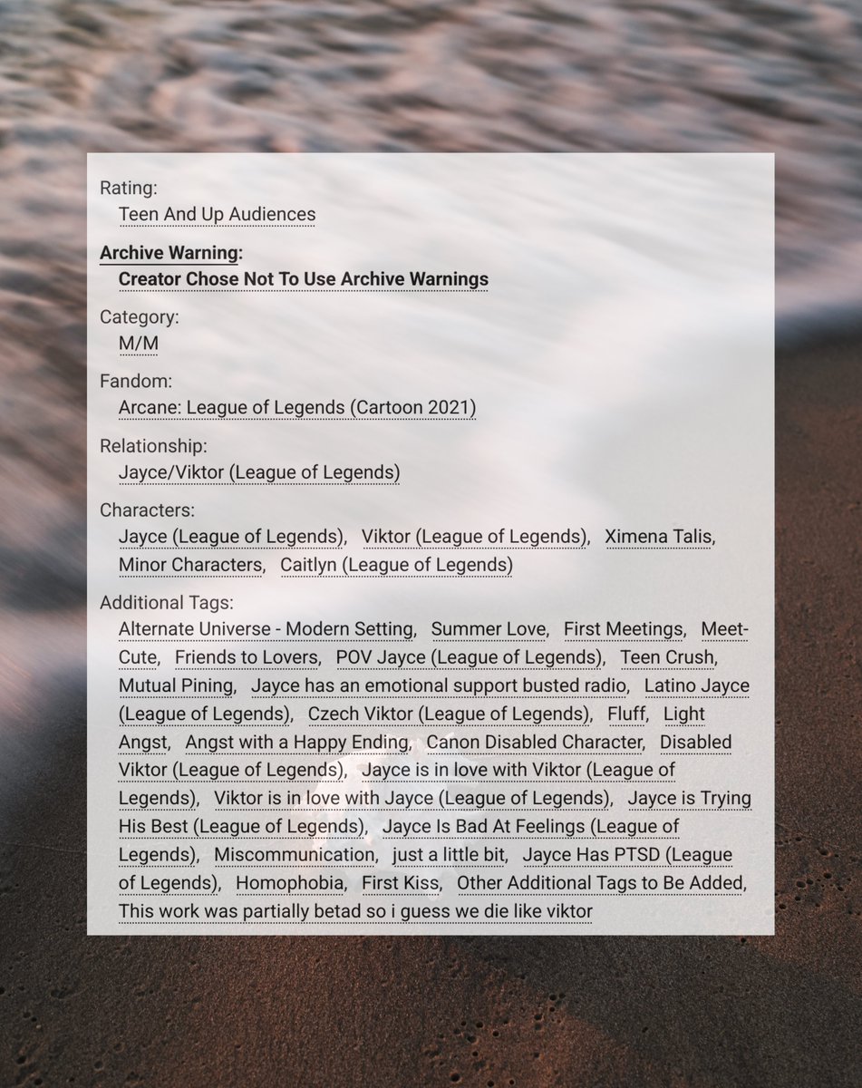 SenpaiJecho's tweet image. I am so pleased to present my first tribute to the Jayvik nation
☼ | Friends to lovers,
☼ | Fluff & Angst with a happy ending
☼ | 22 k words
☼ | Ch 1 of 2
☼ | archiveofourown.org/works/66225526…
☼ | También en español (link abajo)
#jayvik #arcane