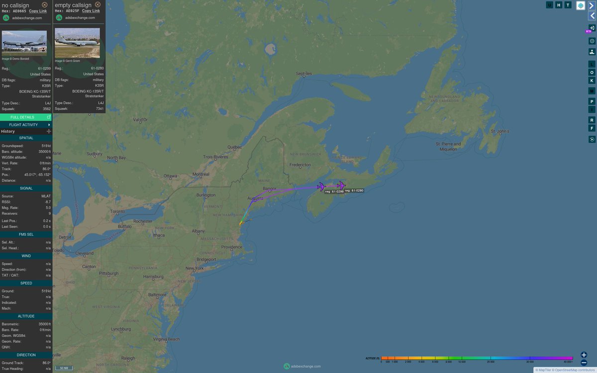 TheIntelFrog's tweet photo. 2 of the 33 tankers that positioned last night are on the move again.  

US Air Force KC-135s #AE0665 as RCH016 and #AE025F as RCH015 are en route to Moron AB, Spain from Pease ANGB, NH. https://t.co/7o6ggYL9YP