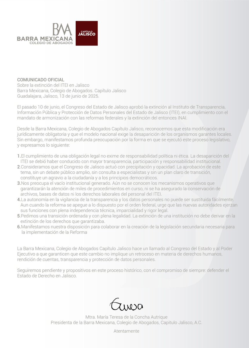 Comunicado. Barra Mexicana de Abogados Capítulo Jalisco 

#BMAJalisco