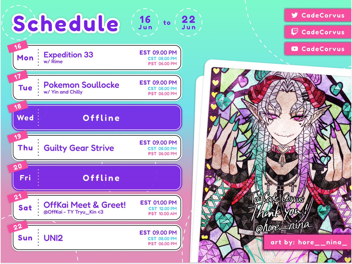 Cade Corvus【Ghost Vtuber】👻 (@cadecorvus) on Twitter photo Thank you <a href="/Tyru_Kin/">TyruKin/EditorVgenClosed</a> for making a meet and greet at OffKai possible! Looking forward to this week 🤍
👻CREDITS👻
Model: @/tsukiip
Rigs: @/Maffriron @/MochiHuechi
Art: @/hore__nina_
Schedule: @/chrone_co Thank you <a href="/Tyru_Kin/">TyruKin/EditorVgenClosed</a> for making a meet and greet at OffKai possible! Looking forward to this week 🤍
👻CREDITS👻
Model: @/tsukiip
Rigs: @/Maffriron @/MochiHuechi
Art: @/hore__nina_
Schedule: @/chrone_co
