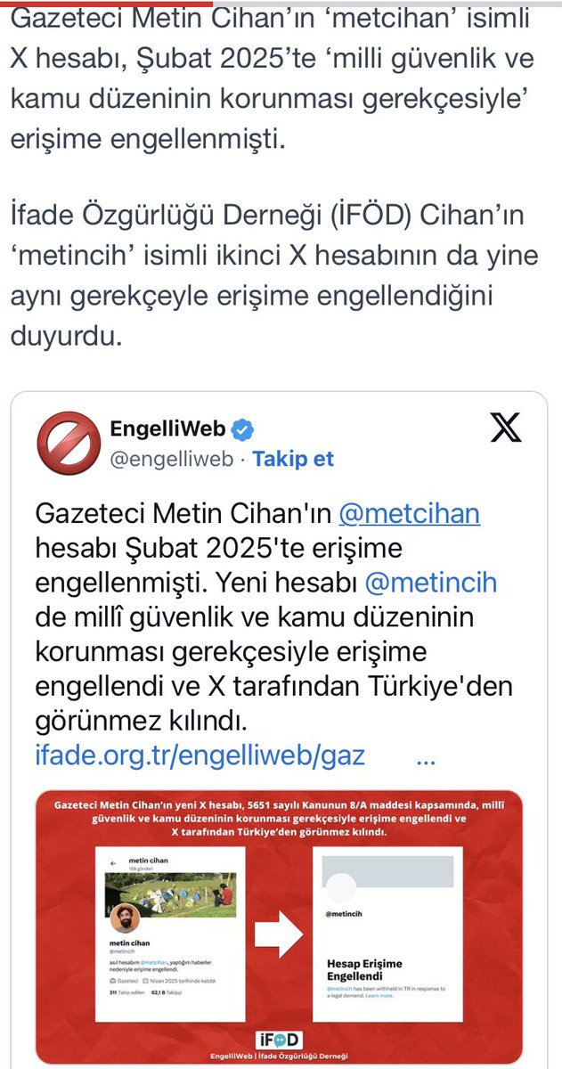 mywayTurkey's tweet photo. Gazeteci Metin Cihan’ın ‘metincih’ isimli X hesabı da erişime engellendi.
İktidar doğruyu konuşanı dokuz köyden kovuyor…10. Köyden muhalefet yapmaya devam..😎
#MetinCihan
#GazetecilikSuçDeğildir
#ÖzgürBasın https://t.co/XcltGJrug1