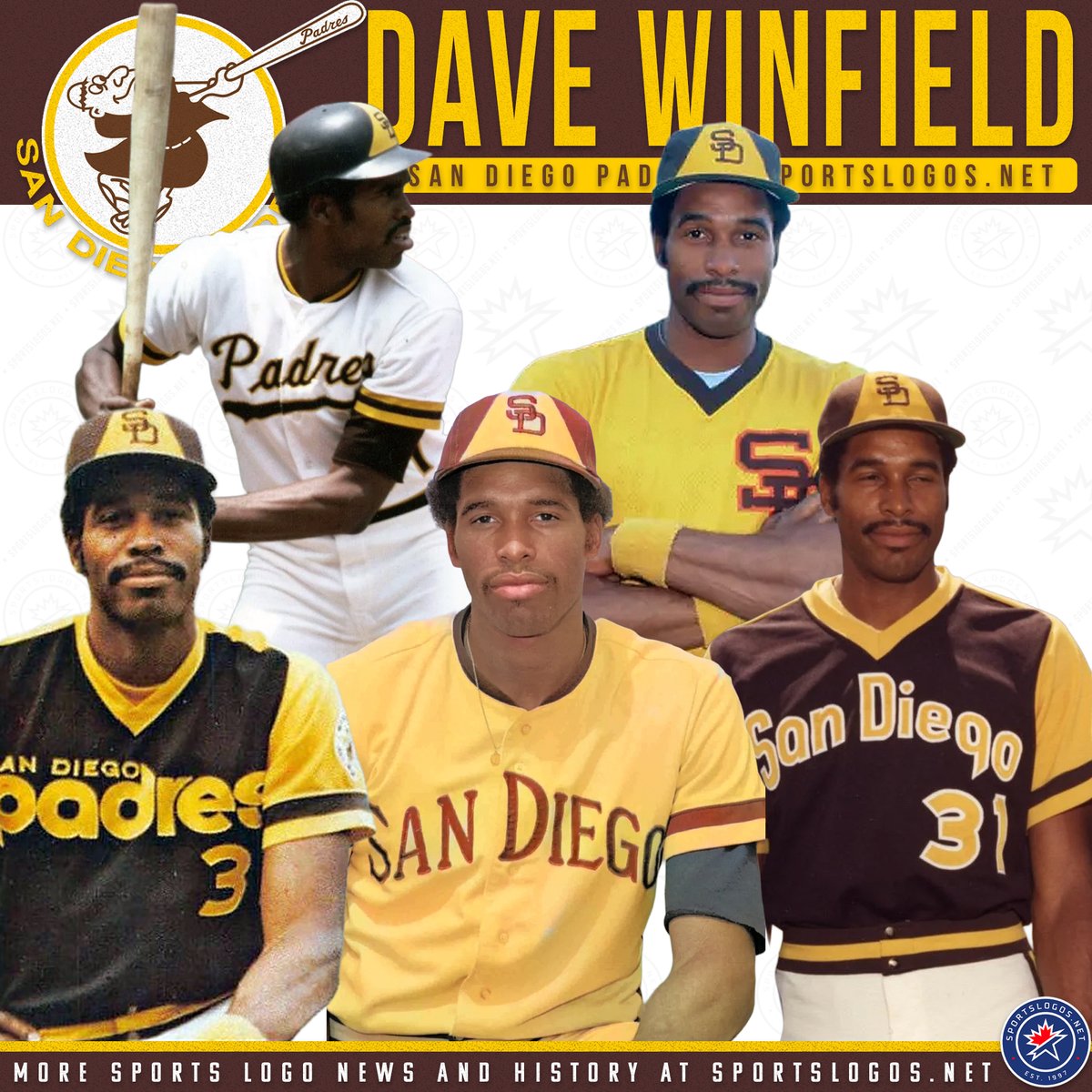Hall of Famer Dave Winfield took the field in some colourful threads in San Diego. Which one do you associate the most with him during his time with the #Padres?

Dave wore plenty of uniforms in his day, a look at his career in logos, ballcaps &amp; more here: sportslogos.net/players/list_b…
