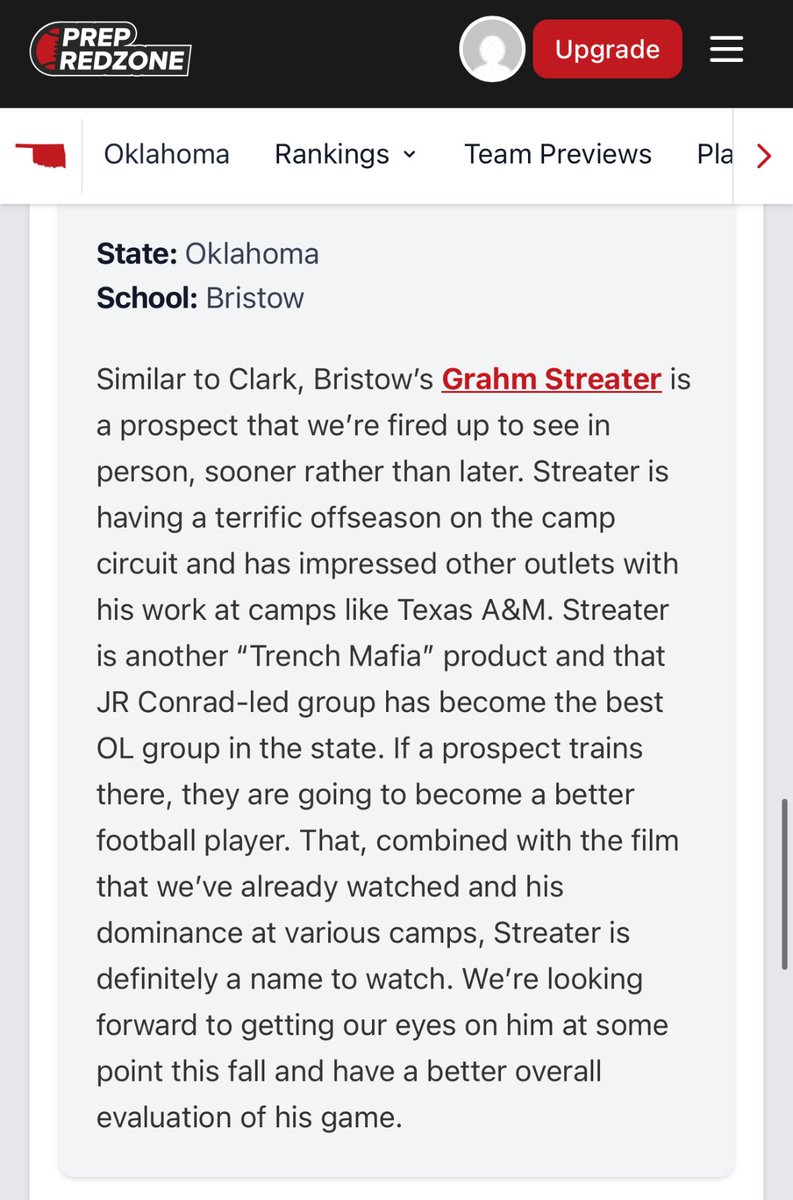 Grahm Streater (@grahmstreater) on Twitter photo Thank you so much <a href="/PrepRedzoneOK/">Prep Redzone Oklahoma</a> for the ranking and write up. I am looking forward to some more work to achieve that #1 spot. <a href="/BristowPPFB/">Bristow Purple Pirate Football</a> <a href="/JRConrad64/">J.R. Conrad</a> Thank you so much <a href="/PrepRedzoneOK/">Prep Redzone Oklahoma</a> for the ranking and write up. I am looking forward to some more work to achieve that #1 spot. <a href="/BristowPPFB/">Bristow Purple Pirate Football</a> <a href="/JRConrad64/">J.R. Conrad</a>