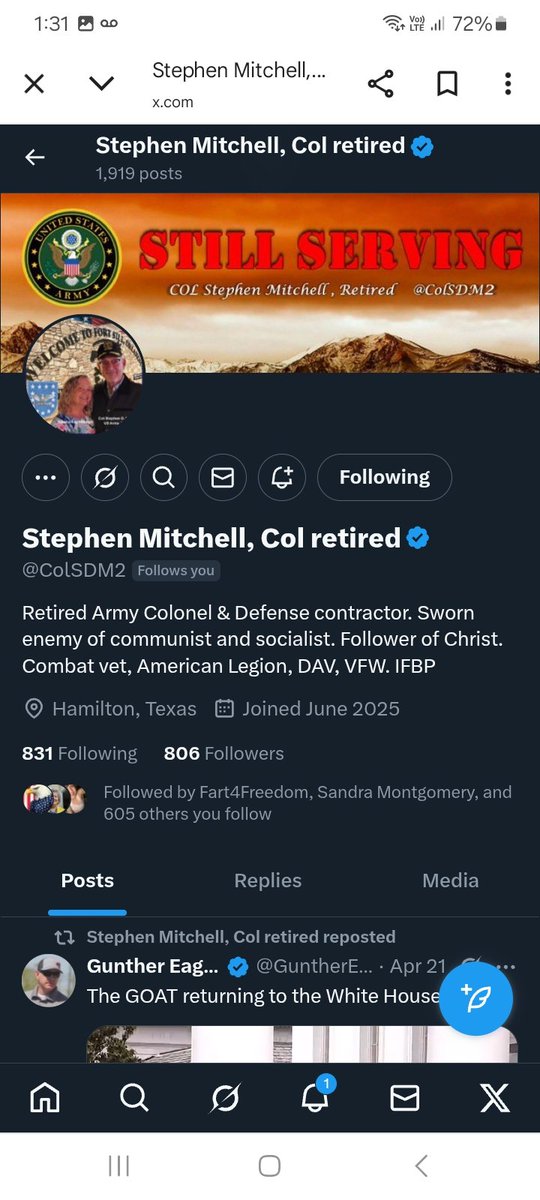 KJW (@hawkesbay69) on Twitter photo Let's come to to show our appreciation and to boost an Army Veteran, please give <a href="/ColSDM2/">Stephen Mitchell, Col retired</a> a follow ,repost let's send him soaring past the 1k mark ๐ช๐ซถ๐๐ฅ๐ฏ๐บ๐ธ๐ซก Let's come to to show our appreciation and to boost an Army Veteran, please give <a href="/ColSDM2/">Stephen Mitchell, Col retired</a> a follow ,repost let's send him soaring past the 1k mark ๐ช๐ซถ๐๐ฅ๐ฏ๐บ๐ธ๐ซก