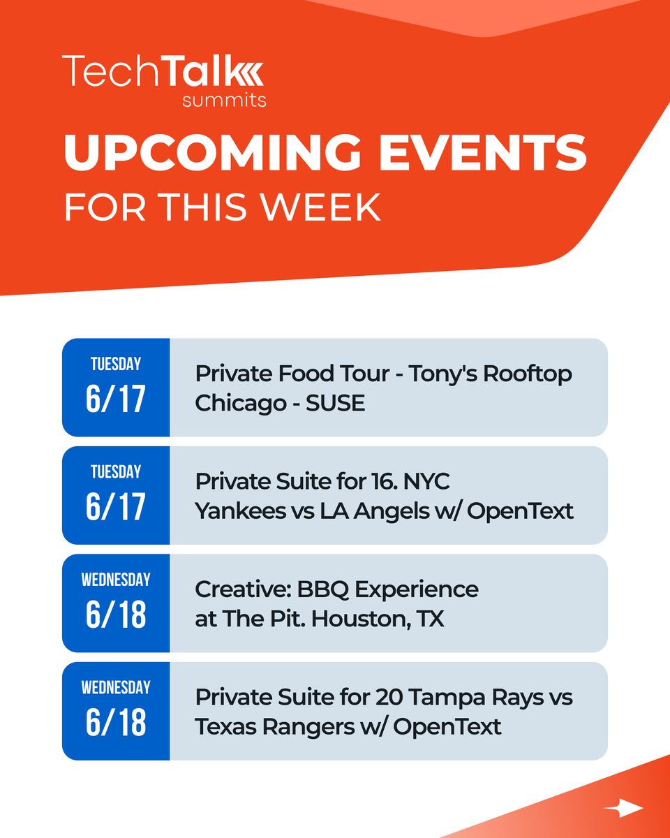 techtalksummits's tweet image. Happy Monday! Coming up this week at #TechTalkSummits:

Tuesday 6/17: Private Food Tour @ Tony&apos;s Rooftop - Chicago, IL
Tuesday 6/17: Private Suite @ Yankees Game - New York, NY
Wednesday 6/18: BBQ Experience @ The Pit - Houston, TX
Wednesday 6/18: Private Suite @ Rays Game -…