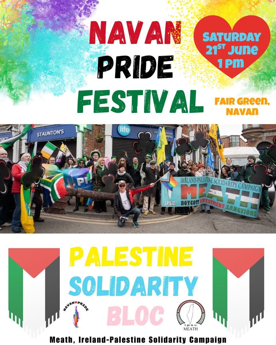 🌈🇵🇸 Join the Palestine Solidarity Bloc 🇵🇸🌈

This Saturday at 1pm in Navan

Meeting at the Fair Green

Bring Flags, Noise and Solidarity ✊️

#WeAreAllPalestinian
#NoPrideInGenocide

<a href="/ipsc48/">IPSC</a>
<a href="/NavanPride/">Navan Pride CLG</a>