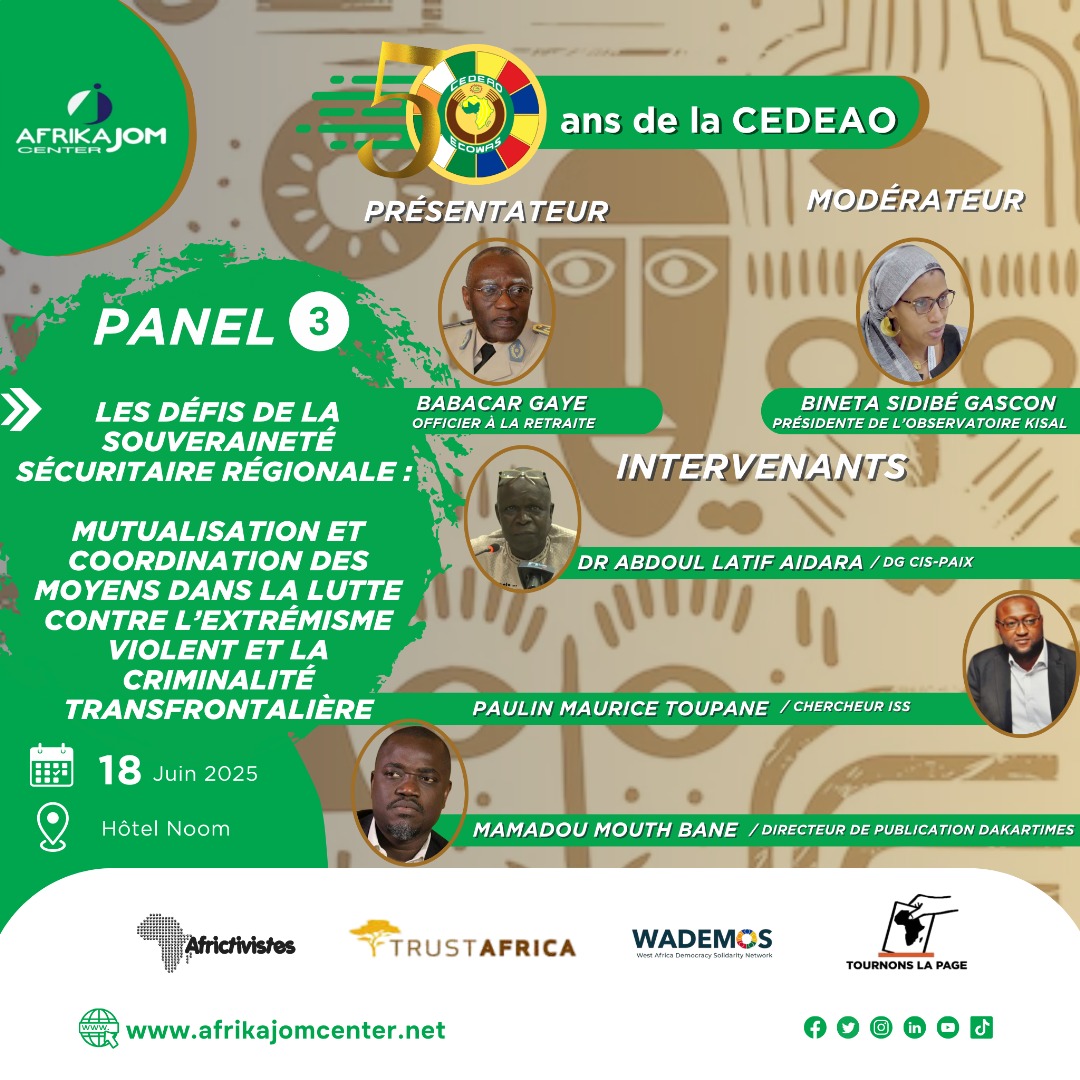 Afrikajom Center (@afrikajomcenter) on Twitter photo 📢 50 ans de la <a href="/ecowas_cedeao/">Ecowas - Cedeao</a> 👇
Panel 2️⃣: Quels enjeux de l'intégration économique régionale ?
Panel 3️⃣: quid des défis liés à la sécurisation de notre région ?
📅18 - 20 juin📍Dakar, #Senegal🇸🇳
#ConfCEDEAO2025 <a href="/AFRICTIVISTES/">AfricTivistes</a> <a href="/TrustAfrica/">TrustAfrica</a> <a href="/TournonsLaPage/">Tournons La Page</a> <a href="/WADEMOSnetwork/">WADEMOS Network</a> 📢 50 ans de la <a href="/ecowas_cedeao/">Ecowas - Cedeao</a> 👇
Panel 2️⃣: Quels enjeux de l'intégration économique régionale ?
Panel 3️⃣: quid des défis liés à la sécurisation de notre région ?
📅18 - 20 juin📍Dakar, #Senegal🇸🇳
#ConfCEDEAO2025 <a href="/AFRICTIVISTES/">AfricTivistes</a> <a href="/TrustAfrica/">TrustAfrica</a> <a href="/TournonsLaPage/">Tournons La Page</a> <a href="/WADEMOSnetwork/">WADEMOS Network</a>