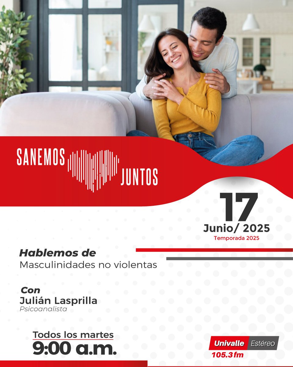 💬 ¿Cómo construir una masculinidad libre de violencias?
Este martes 17 de junio a las 9:00 a.m. acompáñanos en #SanemosJuntos por Univalle Estéreo 📻 105.3 FM.
El psicoanalista Julián Lasprilla nos habla sobre masculinidades no violentas. Porque sanar también es cosa de hombres.
