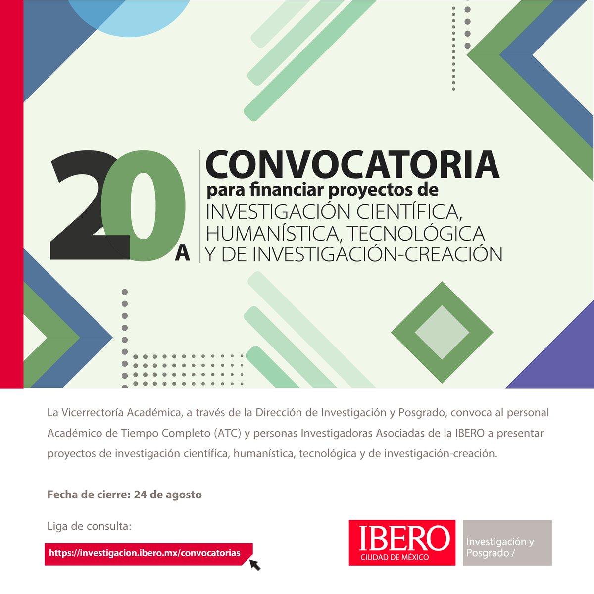 #Convocatoria 📢| La <a href="/IBERO_mx/">IBERO CDMX</a>, como universidad generativa y vinculada, busca producir nuevo conocimiento fomentando el diálogo entre disciplinas, enfoques, saberes, así como la colaboración con distintos actores de la sociedad. 
¡Participa en nuestra #convocatoria! 
Tienes