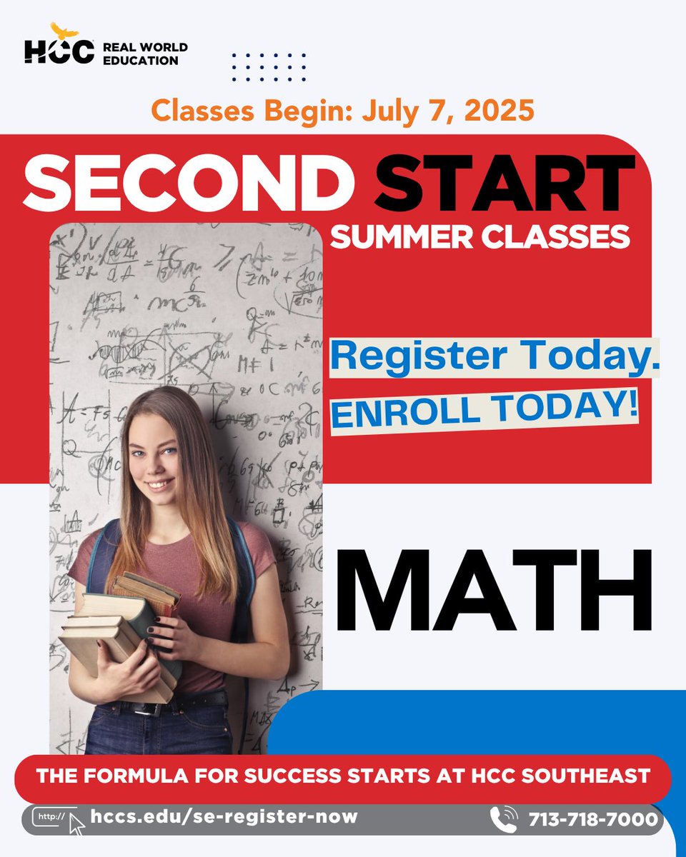 hccsecollege's tweet image. Make your summer count — there’s still time to enroll in a math class at HCC Southeast! Get ahead, catch up, or stay on track. register at hccs.edu/se-register-now ...
#CoreMath #MathCourse #HCCSoutheast
