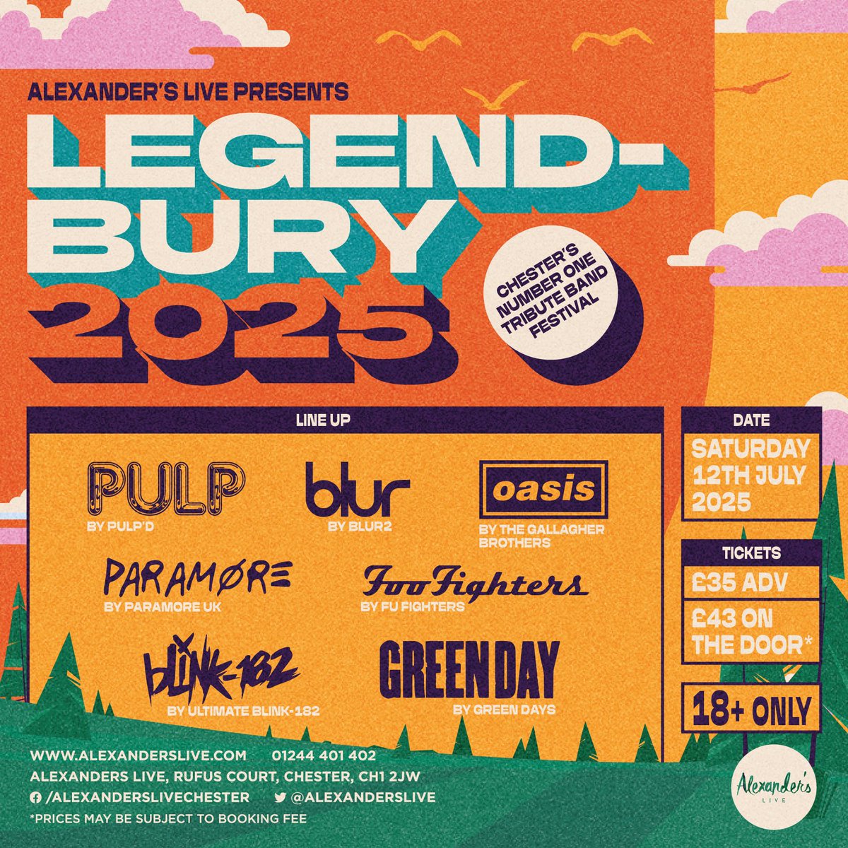 AlexandersLive's tweet image. Have you got your LEGENDBURY tickets yet?
With tributes to
💥Pulp
💥 Blur
💥 Oasis
💥 Paramore
💥 Blink 182
💥 Foo Fighters
💥 Green day
🎟️Get yours now alexanderslive.seetickets.com/event/legendbu…
@ShitChester @welovegoodtimes @chestertourist @LivingInChester @chestertweetsuk @chesterdotcom…