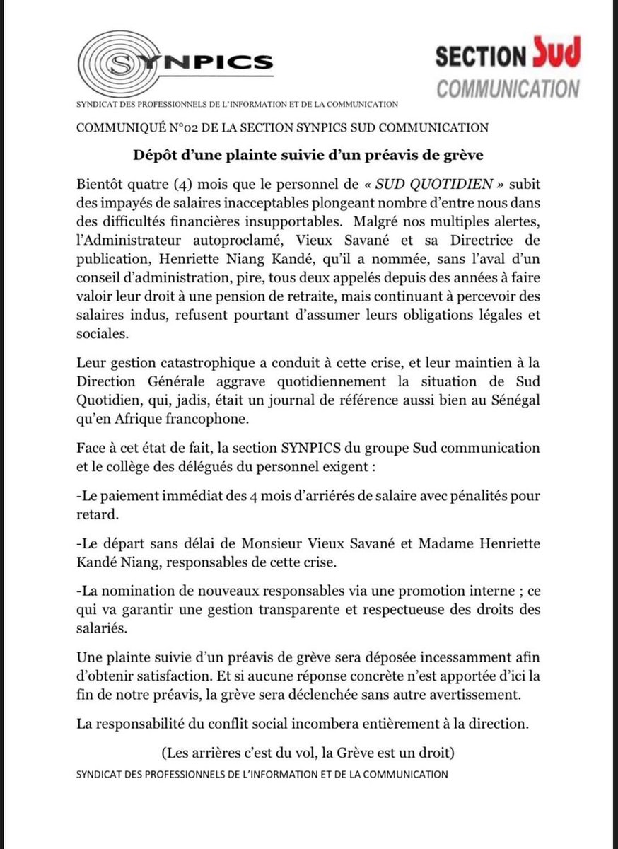 Maablayediop's tweet photo. Soutien total aux confrères de Sud Quotidien ! @CJRS221 @SYNPICS_SN 
#synpics https://t.co/hyqmlW6vED