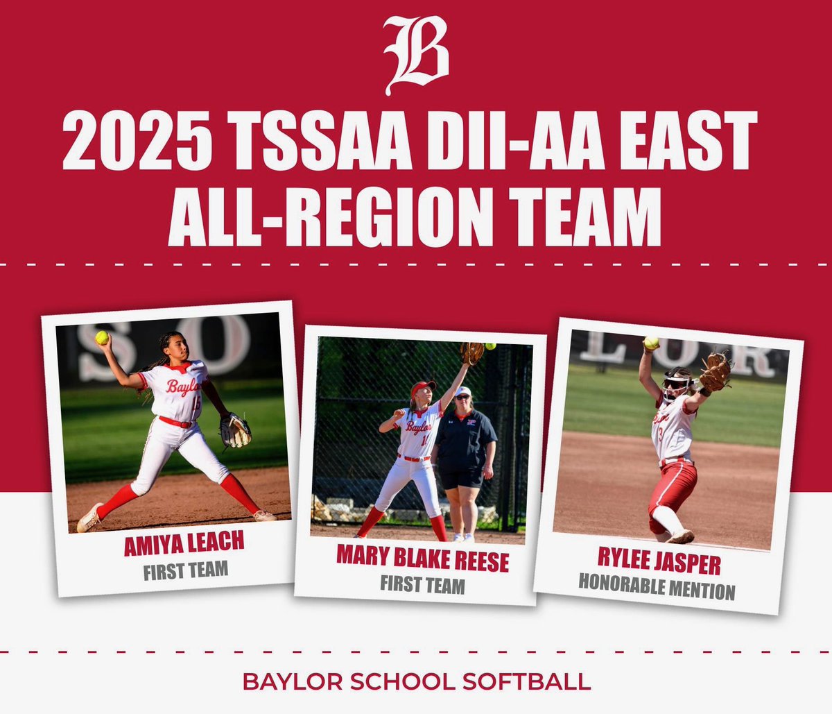RaiderRecap's tweet photo. 2025 TSSAA DII-AA East All-Region Team

A huge shoutout to our Baylor Softball standouts for earning All-Region honors! Your hard work, leadership, and hustle all season long have not gone unnoticed.

⭐️ First Team Selections
• Adison Wallington
• Olivia ElkHill
• Chloe Cunningham
• Amiya Leach
• Mary Blake Reese

👏 Honorable Mention
• Rylee Jasper

Proud to be Red Raiders! Keep setting the standard! 🅱️

#BaylorSoftball #WeAreBaylor #AllRegion #RedRaiderPride