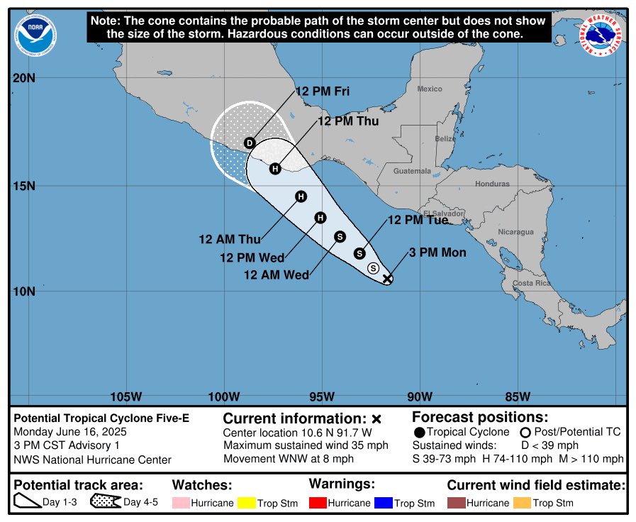 WeathermanAAA_'s tweet photo. NEW: Potential Tropical Cyclone (#PTC5) Five has been designated in the Pacific.
The NHC forecasts a peak of 90mph, and now explicitly forecasts the basin’s earliest “E” name on record. Remarkable
#TropicalUpdate https://t.co/mWNbxta789