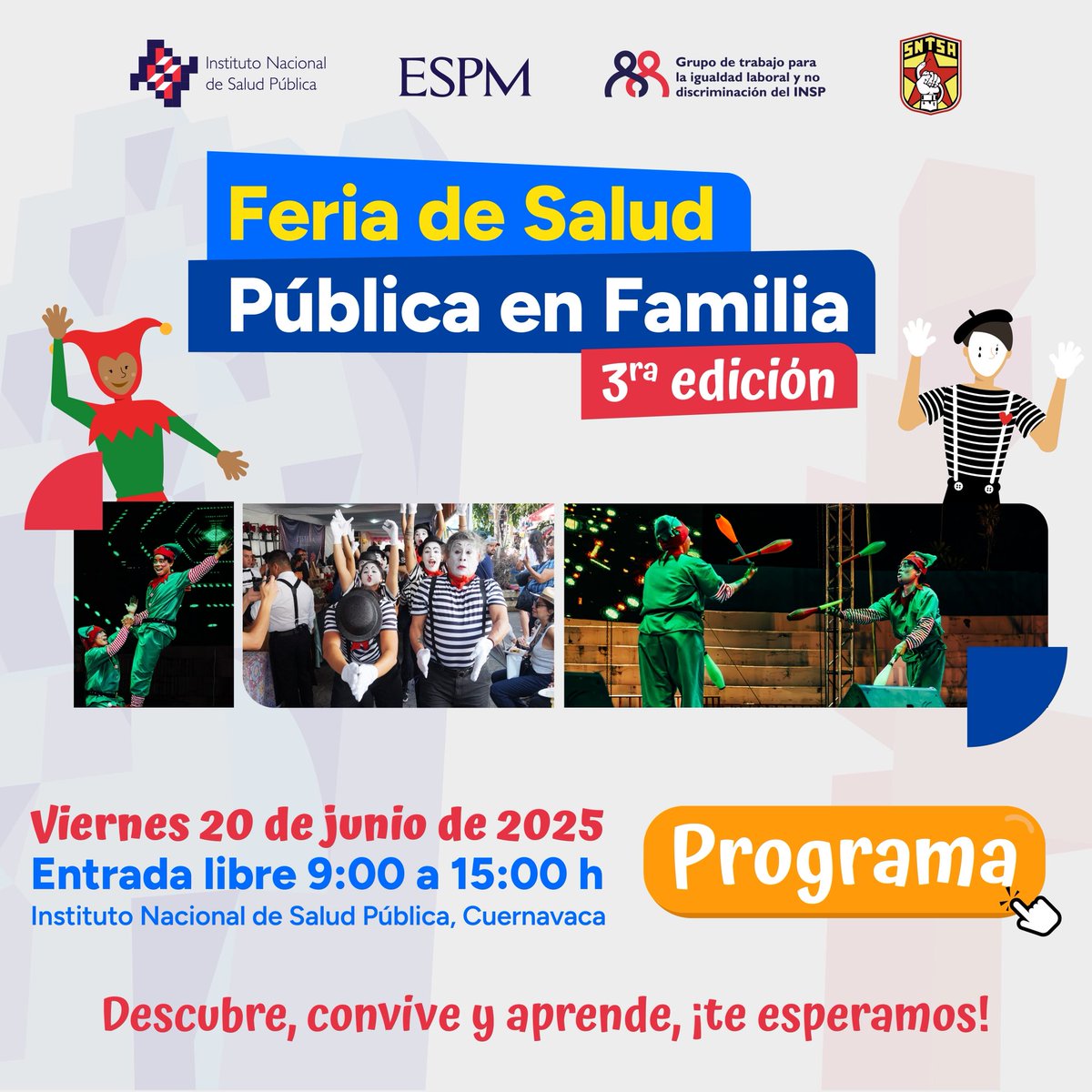 Escuela de Salud Pública de México (@saludpublicamx) on Twitter photo 📢 La Feria de Salud Pública en Familia, 3ra edición está más cerca que nunca y queremos que formes parte de esta experiencia 🔬🎪🧑🧑🧒🧒
📆 Viernes 20 de junio, 9 h
📍 <a href="/inspmx/">INSP México</a>
🎟️ Entrada libre
Consulta el programa completo 👉🏻 bit.ly/programa3FSPF
#PuertasAbiertasINSP 📢 La Feria de Salud Pública en Familia, 3ra edición está más cerca que nunca y queremos que formes parte de esta experiencia 🔬🎪🧑🧑🧒🧒
📆 Viernes 20 de junio, 9 h
📍 <a href="/inspmx/">INSP México</a>
🎟️ Entrada libre
Consulta el programa completo 👉🏻 bit.ly/programa3FSPF
#PuertasAbiertasINSP