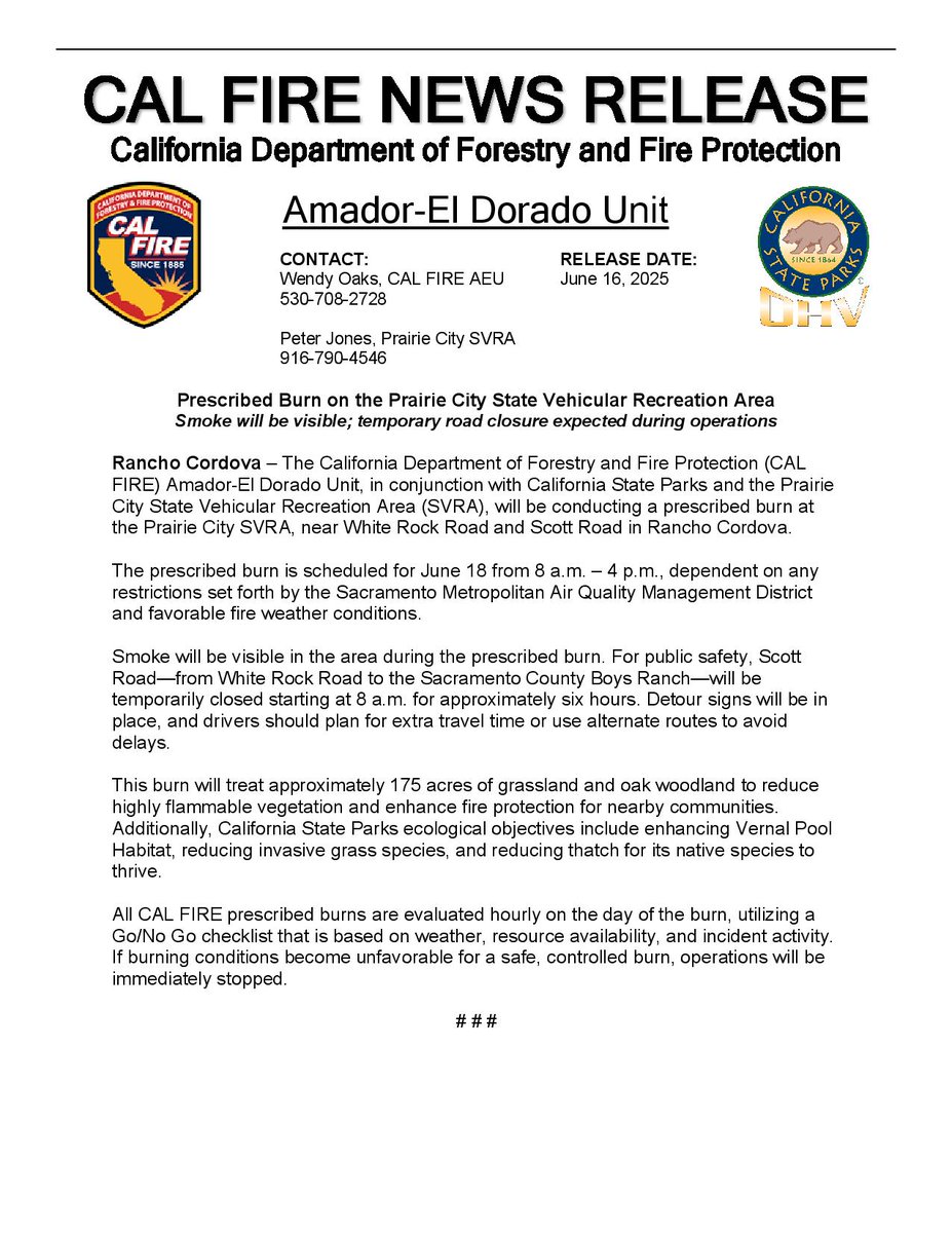 CAL FIRE AEU (@calfireaeu) on Twitter photo Below is information regarding a prescribed burn on the <a href="/PrairieCitySVRA/">Prairie City SVRA</a> on Weds. (6/18). Be advised that Scott Road—from White Rock Rd to the Boys Ranch—will be temporarily closed beginning at 8 am for approximately six hours. Smoke will be visible, including along Highway 50. Below is information regarding a prescribed burn on the <a href="/PrairieCitySVRA/">Prairie City SVRA</a> on Weds. (6/18). Be advised that Scott Road—from White Rock Rd to the Boys Ranch—will be temporarily closed beginning at 8 am for approximately six hours. Smoke will be visible, including along Highway 50.