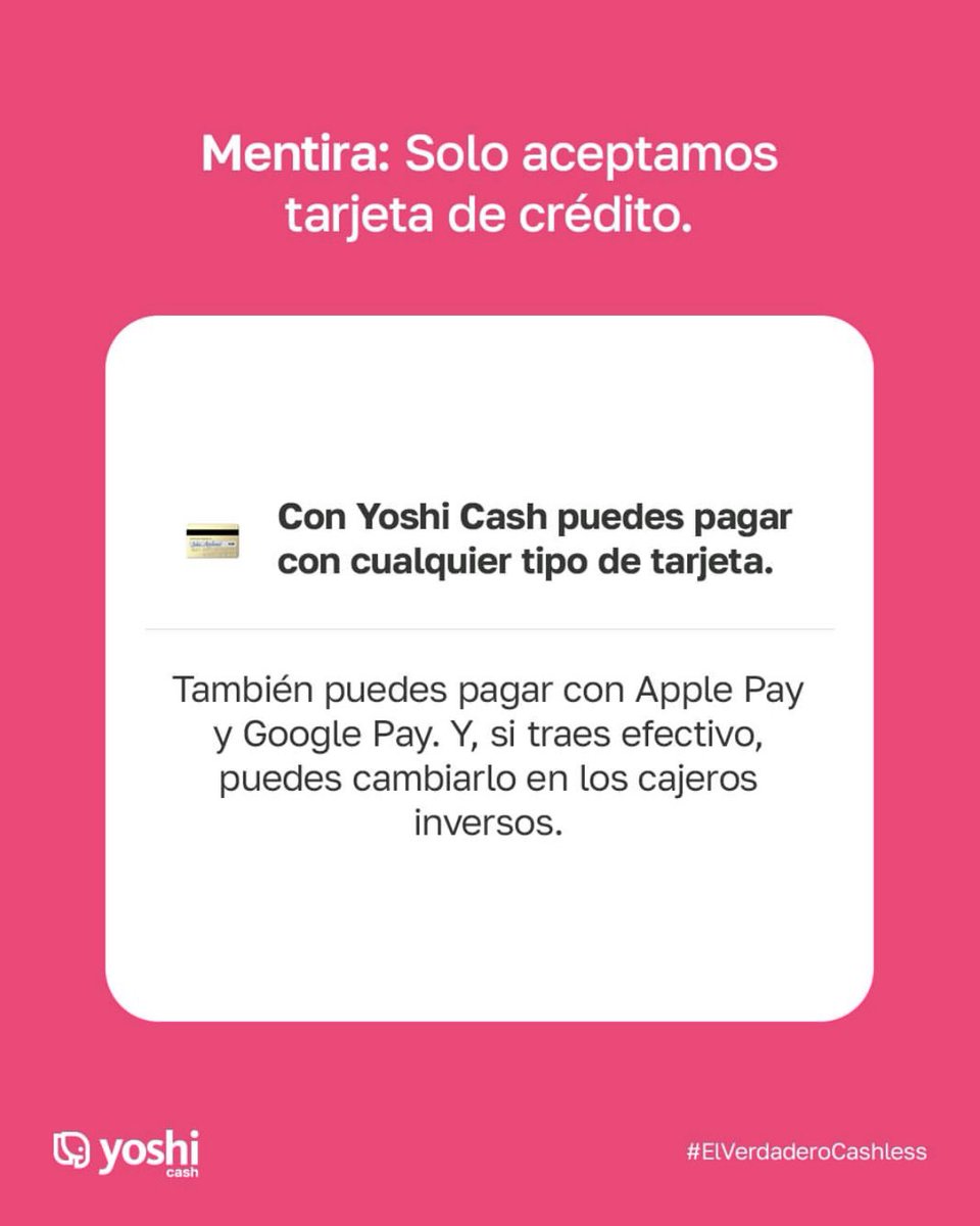 Despreocúpate del efectivo con Yoshi Cash. 💸

Paga seguro y controla tus gastos con cualquier tarjeta. 💳

#ElVerdaderoCashless