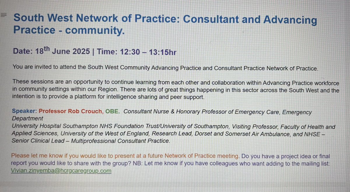Looking forward to the Community advancing practice and consultant practice network of practice on Wednesday with Prof Rob Crouch.