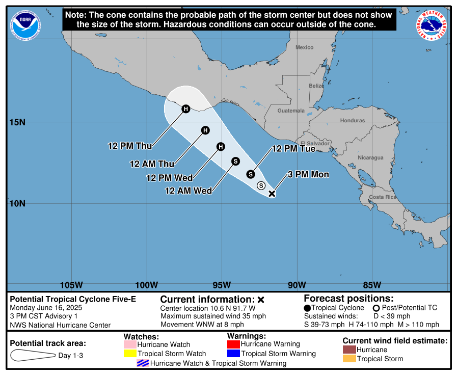 24_morelos's tweet photo. 🌀 SE FORMA EL POTENCIAL CICLÓN TROPICAL CINCO-E

El sistema #CincoE se ubica al SE de Guerrero y tiene 90 % de probabilidad de convertirse en huracán esta semana, según @NHC_Atlantic ⚠️

📍Ubicación: 980 km de Punta Maldonado
🌬️ Vientos: 55 km/h
🌧️ Traerá lluvias fuertes al sur de México