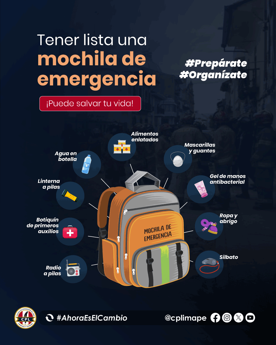 CPLimaPe's tweet photo. #CPL | 🆘 Ten siempre lista tu mochila de emergencia y colócala cerca de la puerta de tu hogar. Estar prevenido te permite evacuar rápido y con seguridad ante cualquier eventualidad.

🎒 ¡Prepárate, organízate y protégete!

#AhoraEsElCambio https://t.co/9j5FSeos1w