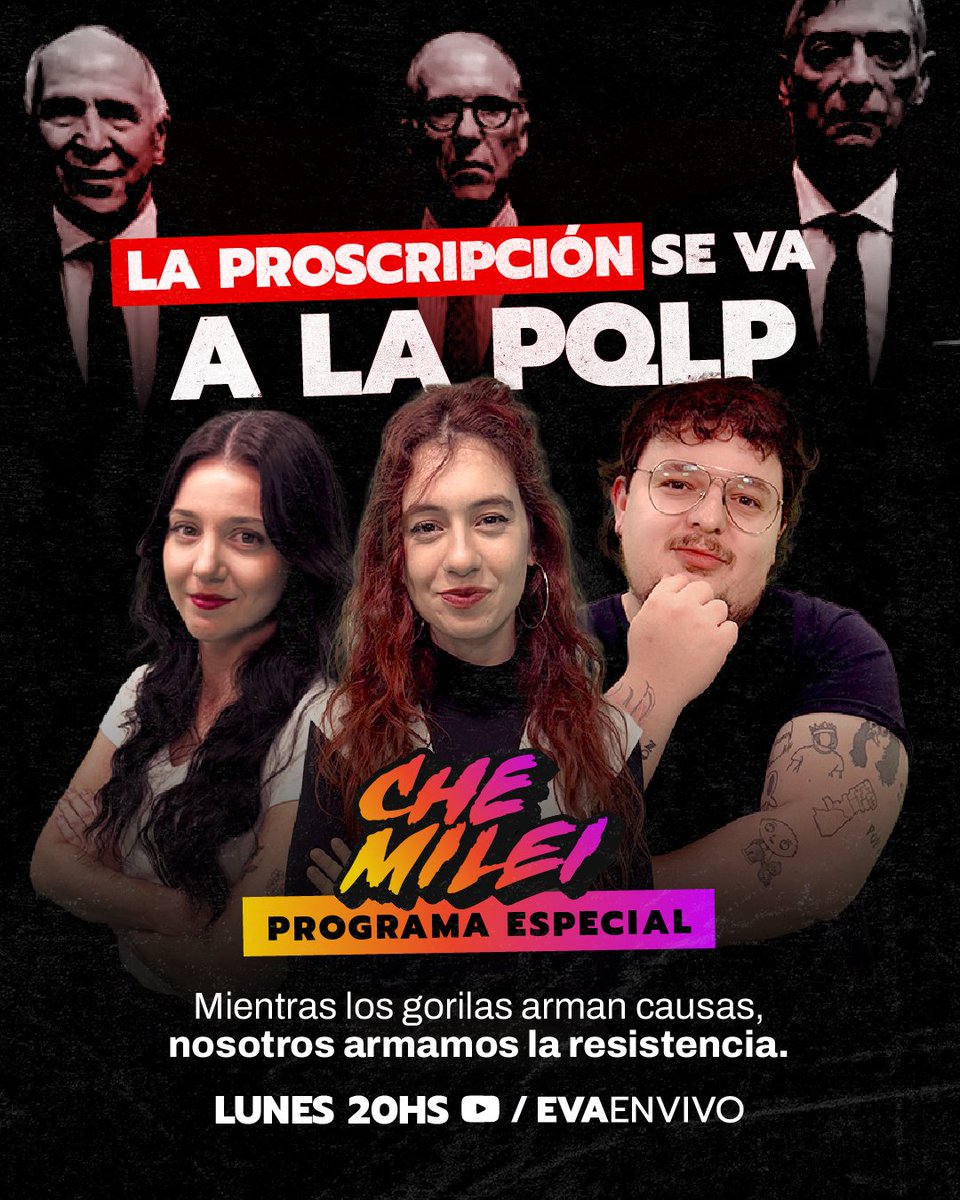 Eva TV (@evaenvivo) on Twitter photo Mientras ellos operan en Tribunales, nosotros bancamos en la calle.
Especial #CheMilei con <a href="/lucampora/">Lu Cámpora</a> y <a href="/ditulliojuli/">Juliana di Tullio</a> en la mesa.
Acá está la resistencia. Hoy 20 hs: youtube.com/live/2Z-y14LAn… Mientras ellos operan en Tribunales, nosotros bancamos en la calle.
Especial #CheMilei con <a href="/lucampora/">Lu Cámpora</a> y <a href="/ditulliojuli/">Juliana di Tullio</a> en la mesa.
Acá está la resistencia. Hoy 20 hs: youtube.com/live/2Z-y14LAn…