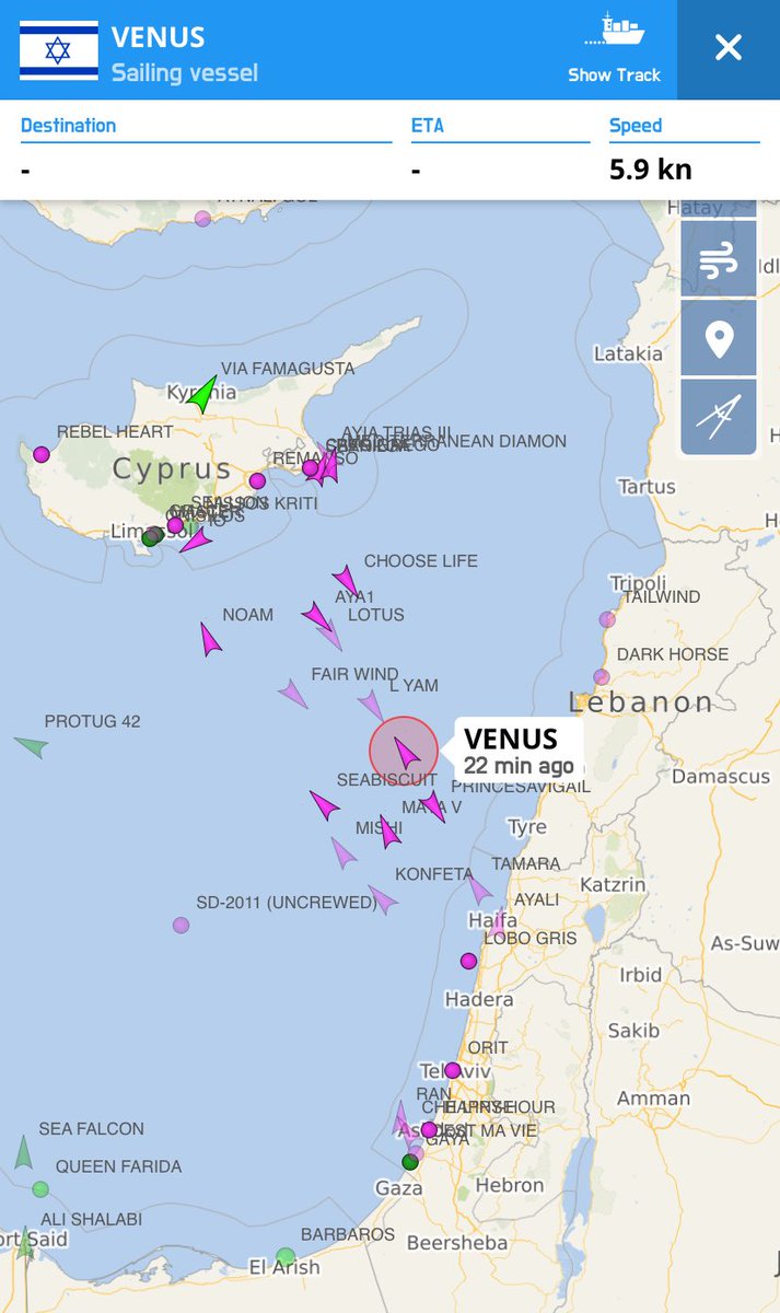 Following Netanyahu's decision to ban Israelis from flying abroad, Haaretz reported that settlers are fleeing towards Cyprus with the help of small Yachts/vessels. (Purple icons are Yachts/sailing vessels)