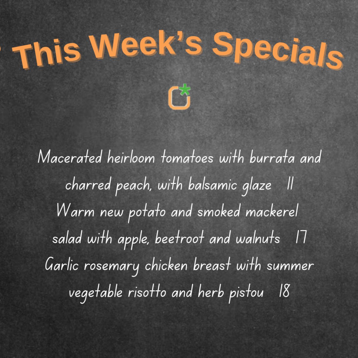 This week's Specials are here... for
one week only!

☀️Come and join us to enjoy delicious
bites and refreshing drinks in the sunshine!

☺️ Swing by, snap a pic and treat yourself.. you deserve it!

📞 Call 01444 456666 to book or walk in's are available!

#TheOrangeSquare
