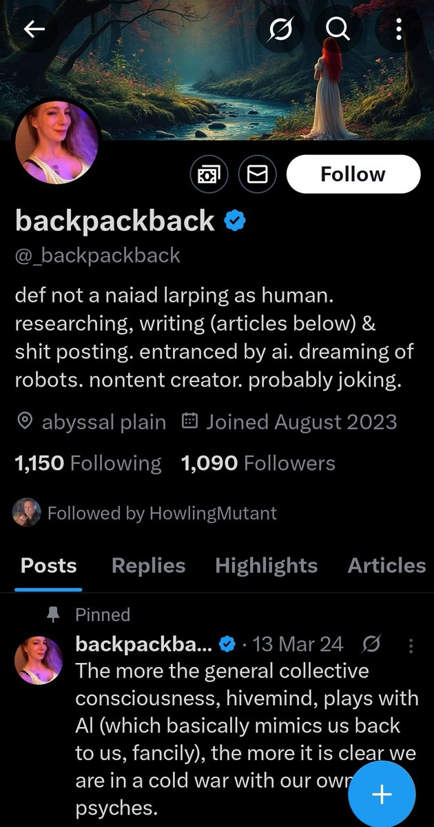 iamspecialguy's tweet photo. @Reddgarrfam @trades_hayes @_backpackback Yep. She's calling herself a naiad in her bio, she likely injects her interests in the mystical &amp; fantasy creatures into her writing. She's probably even writing fantasy fiction with the LM, which just painted a scene that reflects what they're writing together https://t.co/HKhzTpjVoS