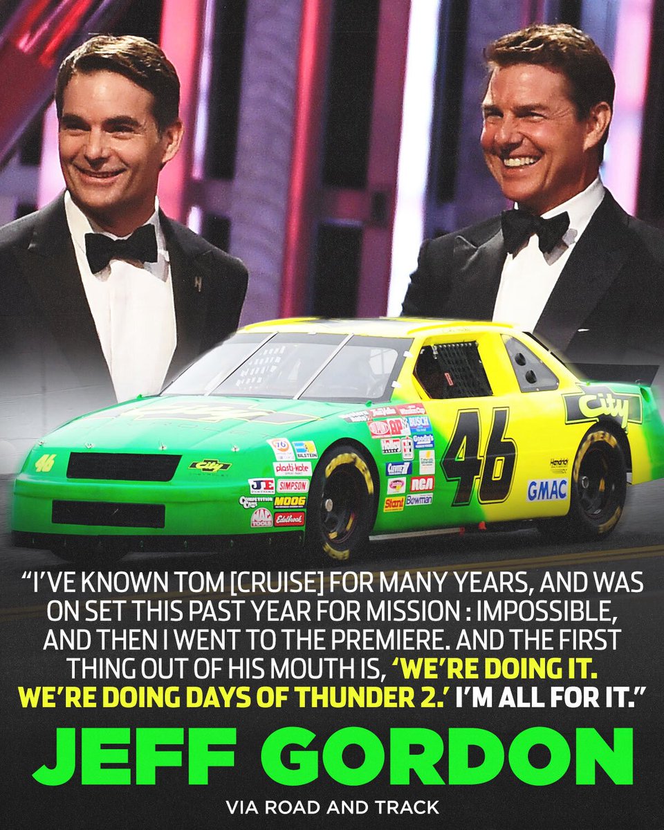 NASCAR on NBC (@nascaronnbc) on Twitter photo Hendrick Motorsports was key to the original Days of Thunder, and team legend Jeff Gordon is ready to help with a possible reboot. 🎥 Hendrick Motorsports was key to the original Days of Thunder, and team legend Jeff Gordon is ready to help with a possible reboot. 🎥