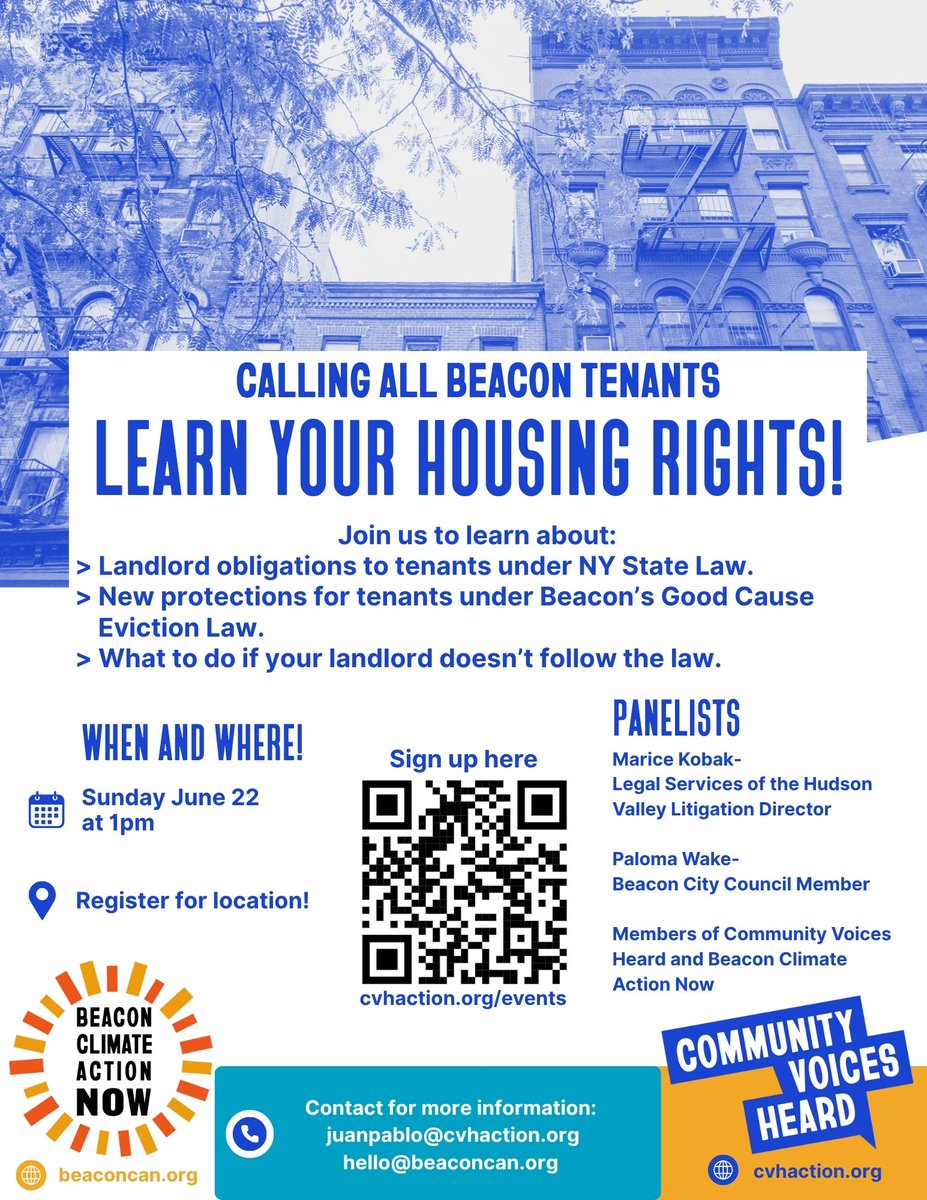 Calling all BEACON TENANTS! Learn about your housing rights, including under Beacon's Good Cause Eviction law, at our panel this Sunday, co-hosted with Beacon Climate Action Now.