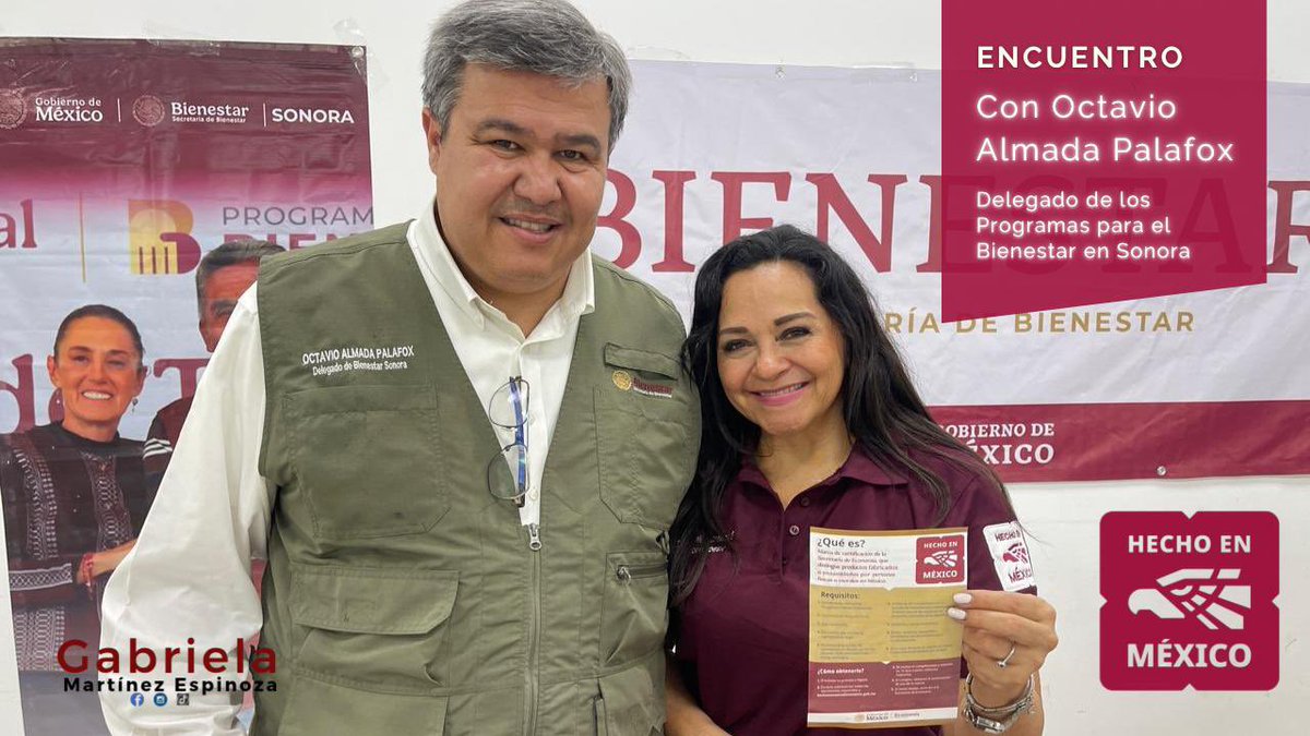 Expuse a mi apreciado <a href="/OctavioAlmada1/">Octavio Almada</a> delegado de <a href="/bienestarmx/">Bienestar</a> Sonora el proyecto #HechoEnMéxico y acordar extenderle la info a todxs en su dependencia. 
Desde la <a href="/SE_mx/">Economía México</a> damos seguimiento al #PlanMéxico de ntra #Presidenta <a href="/Claudiashein/">Claudia Sheinbaum Pardo</a> como nos instruyó el #Secretsrio <a href="/m_ebrard/">Marcelo Ebrard C.</a>