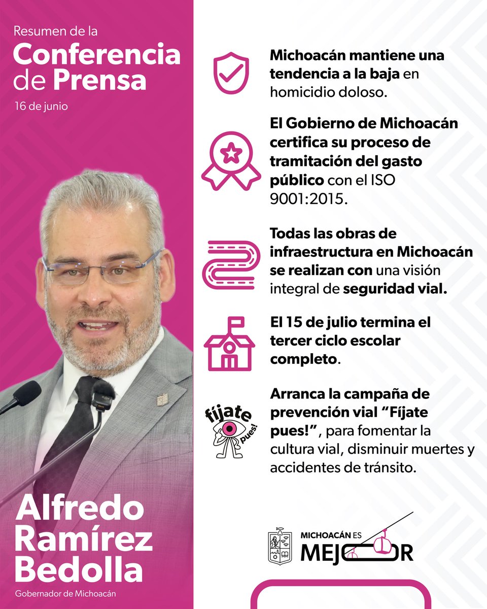 ¡Fíjate pues! Te compartimos el resumen de la conferencia de prensa del gobernador Alfredo Ramírez Bedolla, de esta mañana. 

#MichoacánEsMejor