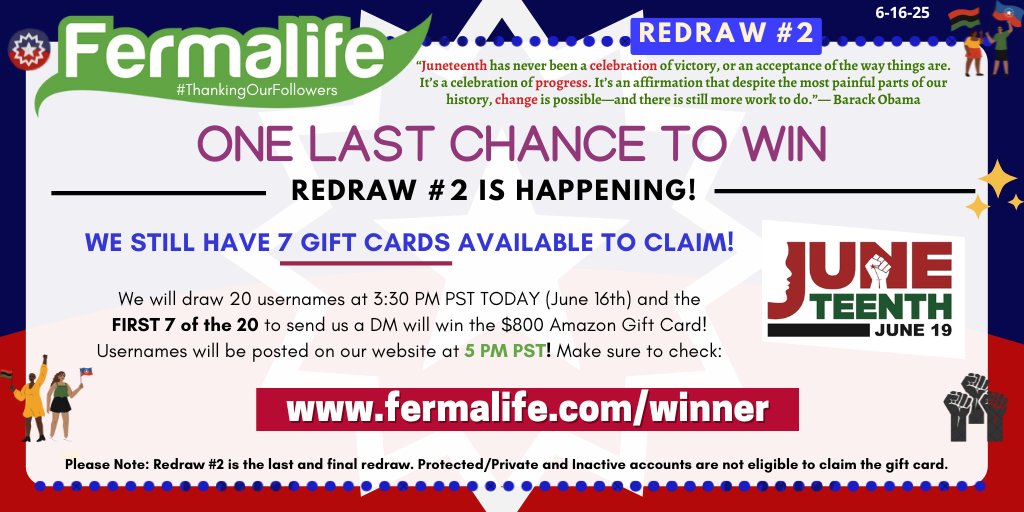 ✨GOOD NEWS! Redraw #2 is happening! There's ONE LAST CHANCE to win a $800 #AmazonGiftCard! We will draw 20 usernames @ 3:30PM PST &amp; the list will be posted at 5PM PST. If you recognize your username, send us a DM! Redraw 2 will be the last, final redraw fermalife.com/winner